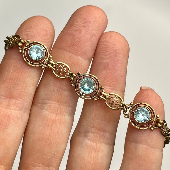 Vintage Art Deco 10K Solid Gold Natural Blue Zircon 5cts Fancy Link Bracelet - Picture 9 of 13
